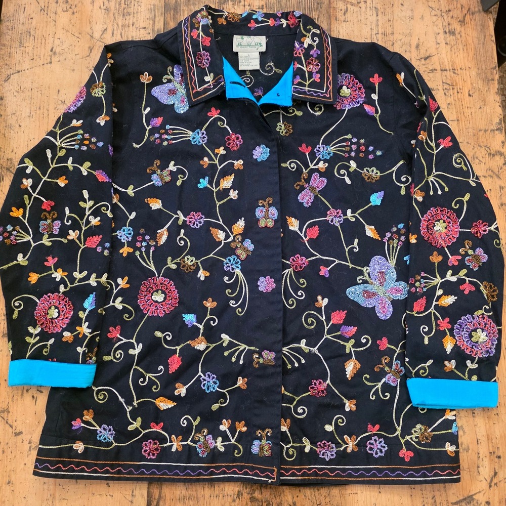 QUACKER FACTORY L Black Butterfly Embroidered Jacket Whimsical Artsy Grandmacore